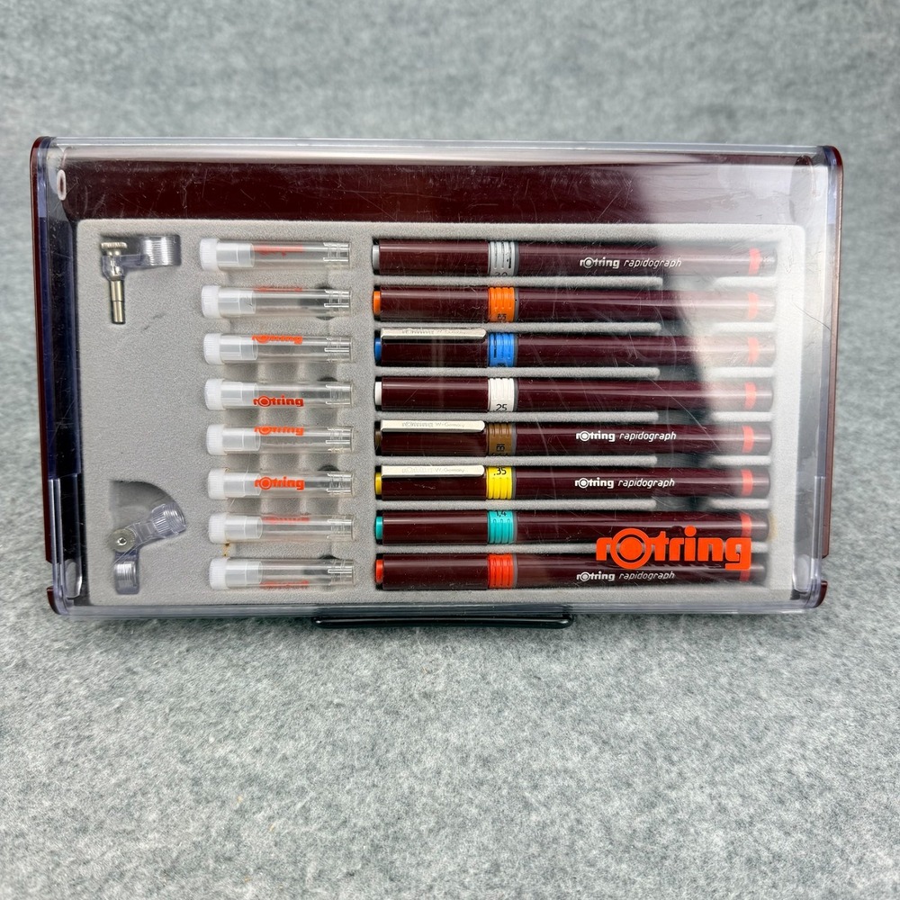 Rotring Rapidograph Technical Pen Set 8 Pens Burgundy Case Made in Germany